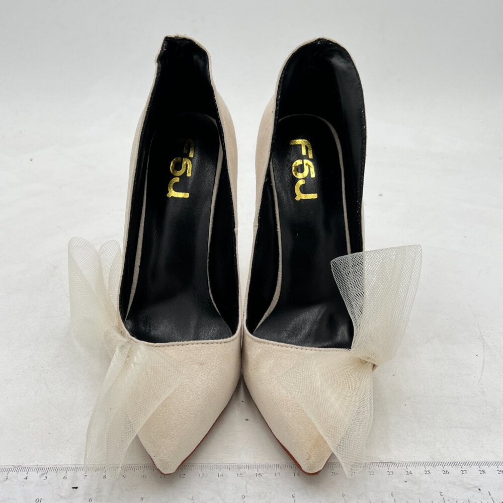 FSJ Apricot Mesh Bows Prom Pointy Toe High Heel Stiletto Pumps Closed Toe Shoes - Picture 3 of 8
